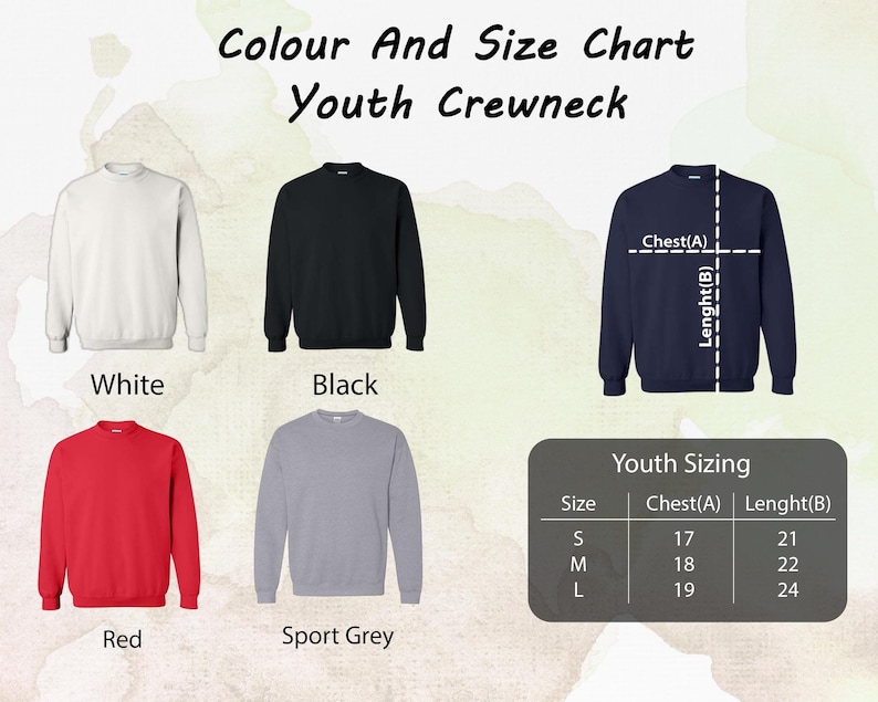 May include: A size chart for youth crewneck sweatshirts. The chart shows five different colors: white, black, red, sport grey, and navy blue. The chart also includes measurements for chest and length in inches for sizes S, M, and L.