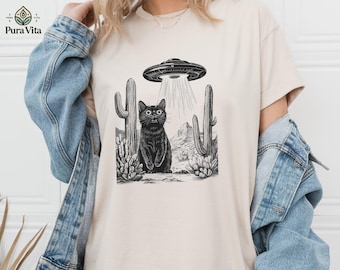 UFO Abduction Cat T-Shirt, Black Cat Alien Spaceship Tee