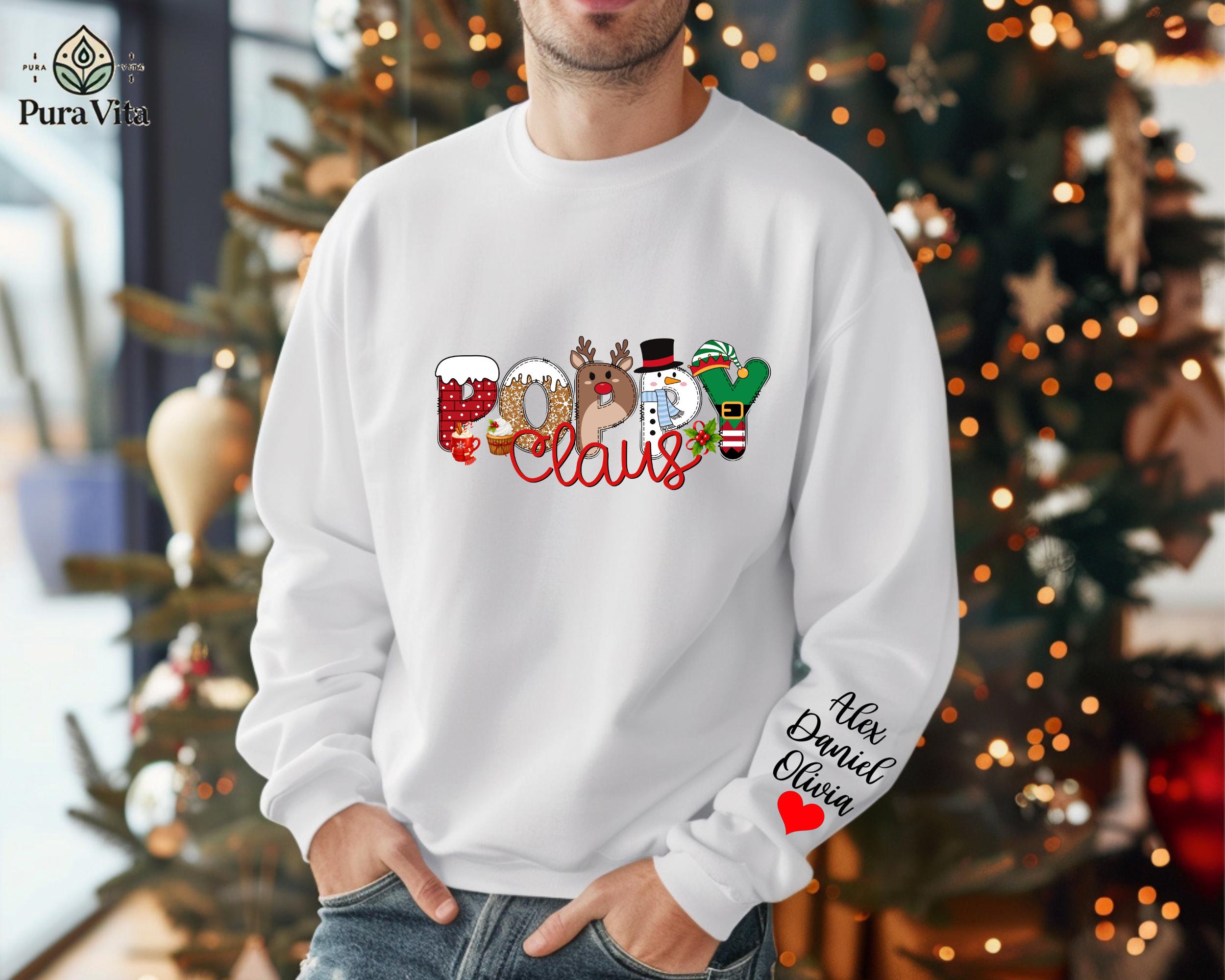 Personalized Poppy Claus Sweatshirt, Christmas Grandkids Gift, Custom Name Sleeve Hoodie