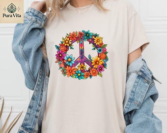 Floral Peace Sign T-Shirt, Hippie Boho Tee