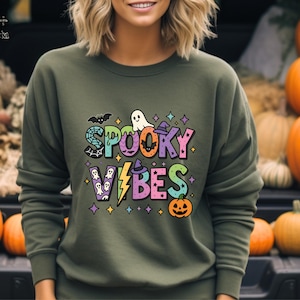 Halloween Spooky Vibes Sweatshirt, Colorful Spooky Vibes Cute Ghost Hoodie, Spooky Season Sweatshirt, Halloween Outfit, Halloween Gifts
