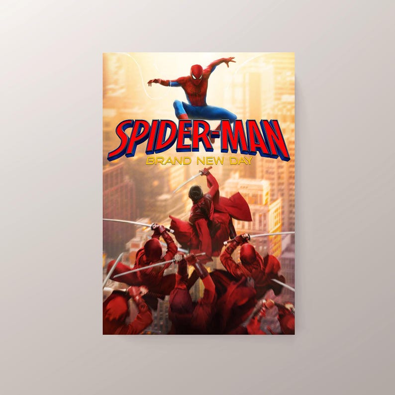 May include: A poster featuring Spider-Man in a dynamic pose above a cityscape. The title "SPIDER-MAN" is prominently displayed in red and blue, with "BRAND NEW DAY" below. Below, figures in red battle with swords.