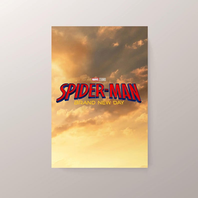 May include: A poster featuring the Marvel Studios Spider-Man logo in red and blue with a blue outline, set against a cloudy, orange and yellow sky. The text "BRAND NEW DAY" is below the logo.