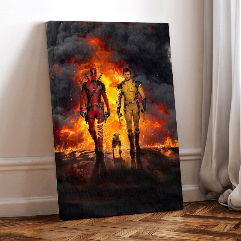 May include: A digital art print featuring Deadpool and Wolverine standing in a fiery landscape. The characters are depicted in their iconic costumes, with Deadpool holding a pair of katanas and Wolverine holding his claws. A small dog is standing between them.