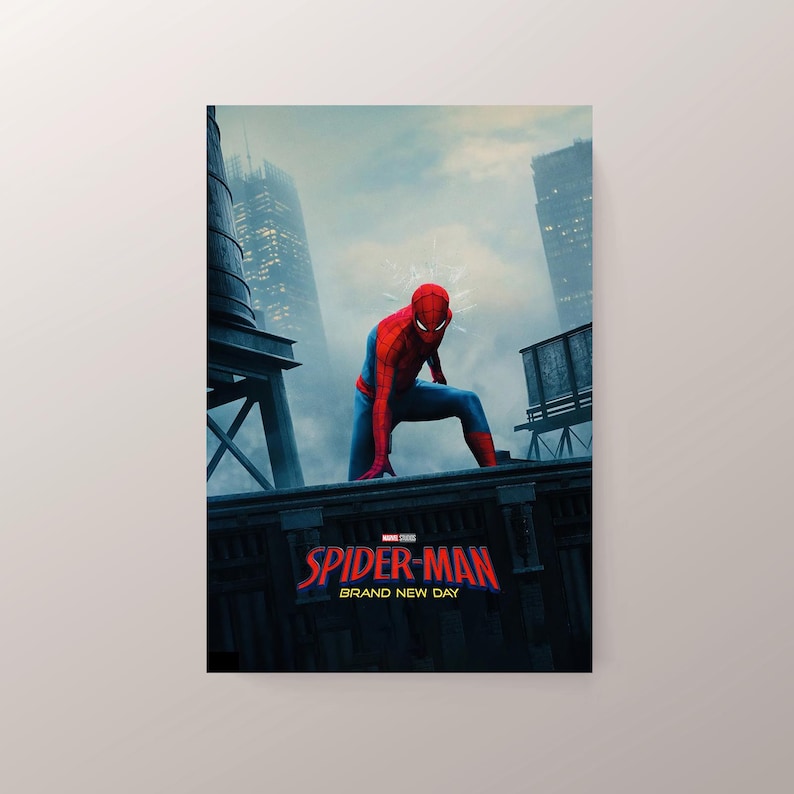 May include: A poster featuring Spider-Man in a red and blue suit, crouching on a rooftop with city buildings in the background. The poster includes the text "SPIDER-MAN BRAND NEW DAY" and the Marvel Studios logo.