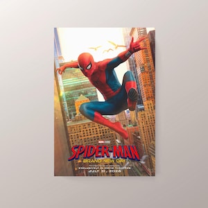 May include: A poster featuring Spider-Man in a dynamic pose against a cityscape backdrop. The superhero is clad in a red and blue suit, with the title "SPIDER-MAN BRAND NEW DAY" prominently displayed. The release date, July 31, 2026, is also visible.
