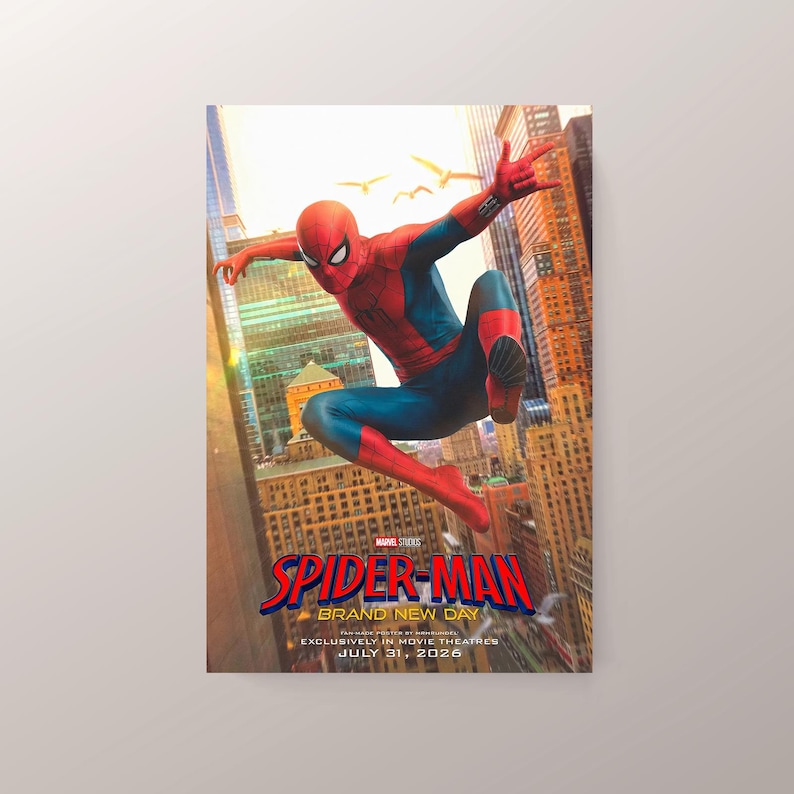 May include: A poster featuring Spider-Man in a dynamic pose against a cityscape backdrop. The superhero is clad in a red and blue suit, with the title "SPIDER-MAN BRAND NEW DAY" prominently displayed. The release date, July 31, 2026, is also visible.
