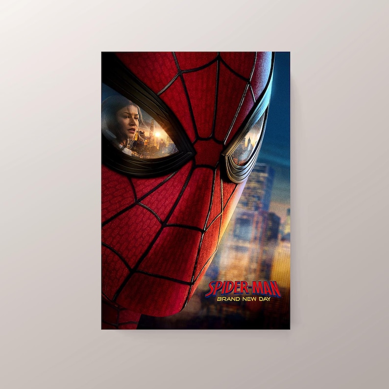 May include: A poster featuring a close-up of Spider-Man's mask, with a red and black web design. The poster includes the text "SPIDER-MAN BRAND NEW DAY" in red and blue. A person is visible in the eye of the mask.