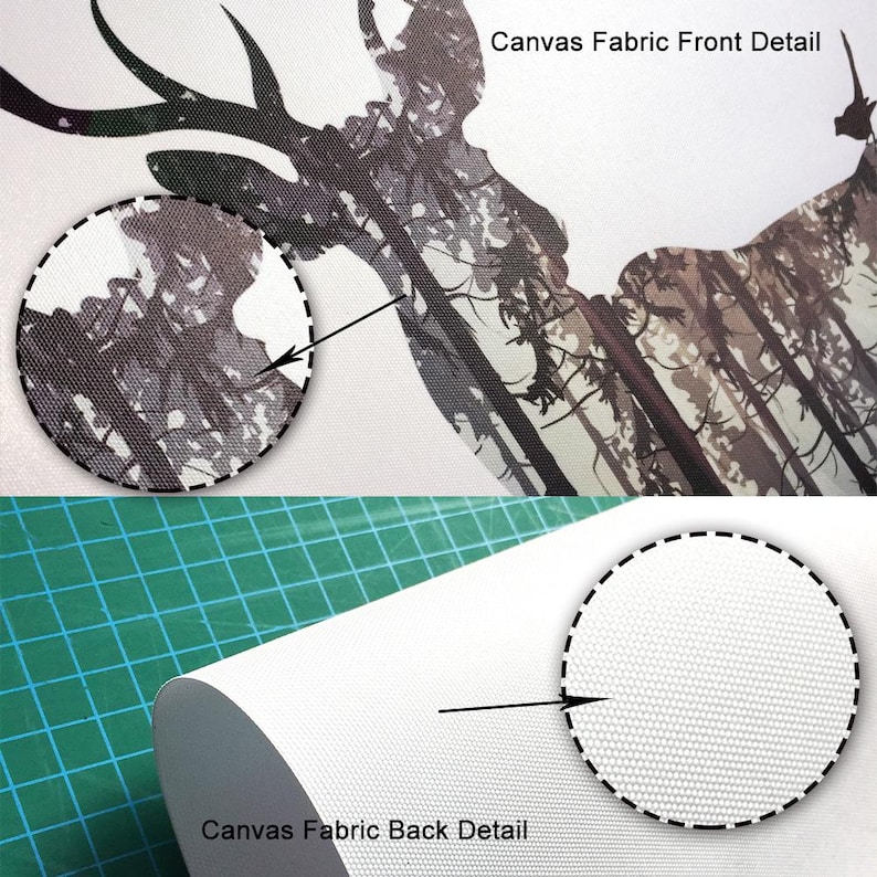May include: Close-up detail of the front and back of a canvas print. The front shows a black and white silhouette of a deer with a forest background. The back shows the white canvas fabric.