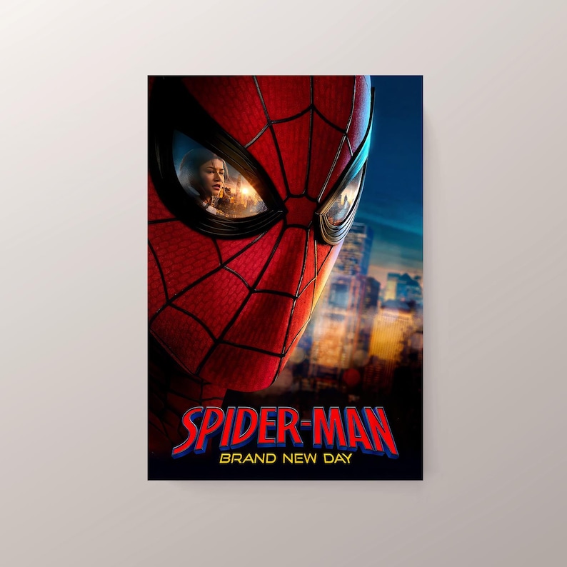 May include: A poster featuring a close-up of Spider-Man's mask, with red and black webbing details. The poster includes the text "SPIDER-MAN" in red and blue, with "BRAND NEW DAY" below it. A cityscape is visible in the background.
