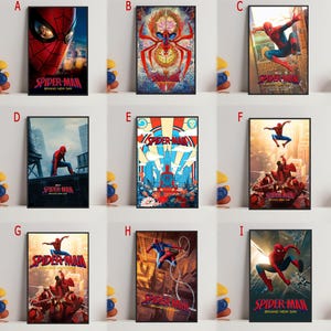 May include: A collection of nine rectangular posters featuring Spider-Man in various action poses and artistic styles. Each poster displays the red and blue superhero character, cityscapes, and the text Spider-Man Brand New Day in bold lettering.