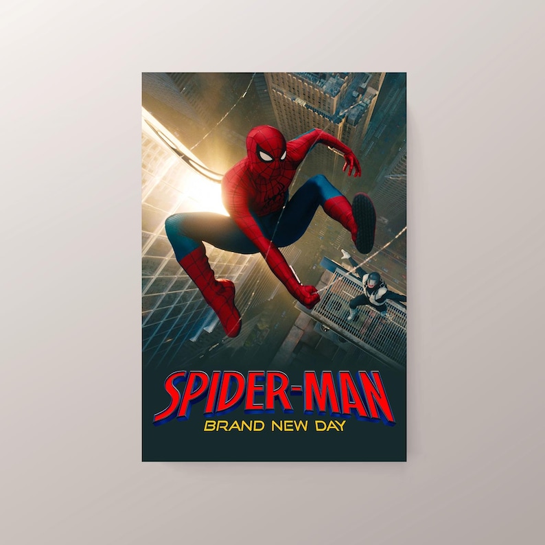 May include: A poster featuring Spider-Man in a dynamic pose against a cityscape backdrop. The superhero is clad in a red and blue suit, with the title "SPIDER-MAN BRAND NEW DAY" prominently displayed in red and blue lettering.