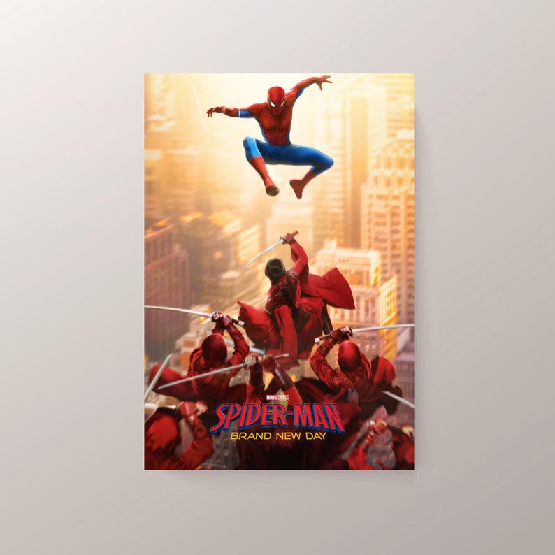 May include: A poster featuring Spider-Man in a red and blue suit leaping above a group of red-clad figures wielding swords. The poster has the words "Spider-Man Brand New Day" at the bottom, set against a cityscape backdrop.