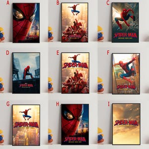 May include: Nine framed Spider-Man movie posters. The posters feature various action poses of Spider-Man, with the title "Spider-Man Brand New Day" displayed in red and white. The backgrounds include cityscapes and dramatic skies.