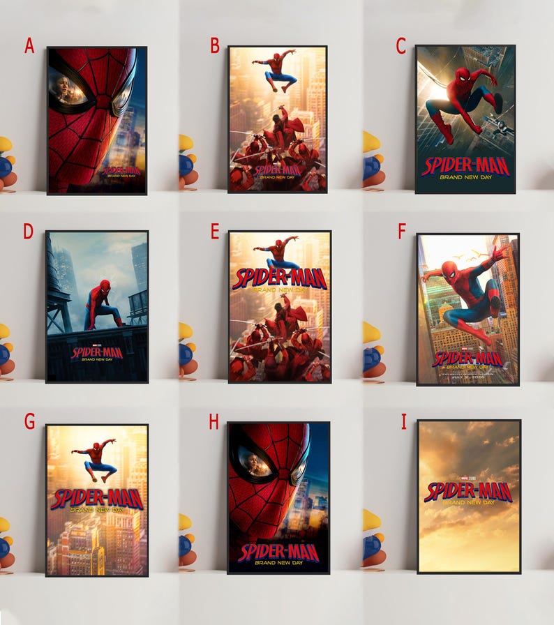 May include: Nine framed Spider-Man movie posters. The posters feature various action poses of Spider-Man, with the title "Spider-Man Brand New Day" displayed in red and white. The backgrounds include cityscapes and dramatic skies.