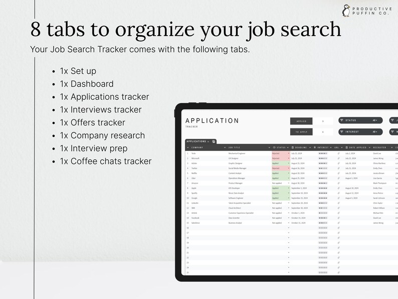 💻 WHAT’S INCLUDED? 💻
→ 1x Dashboard
→  1x Applications tracker
→  1x Interviews tracker
→  1x Offers tracker
→  1x Company research
→  1x Interview prep
→  1x Coffee chats tracker