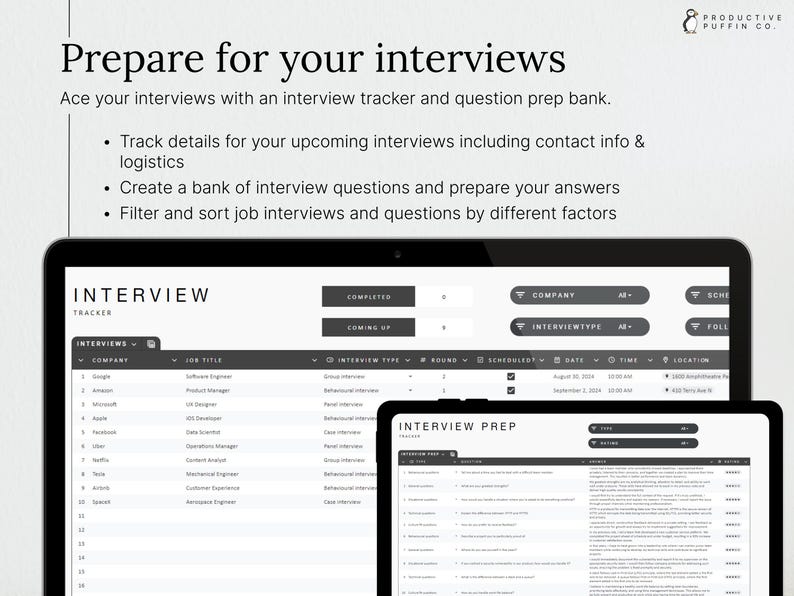 INTERVIEW PREP: Prepare thoroughly with sections for notes, practice questions, and strategies.