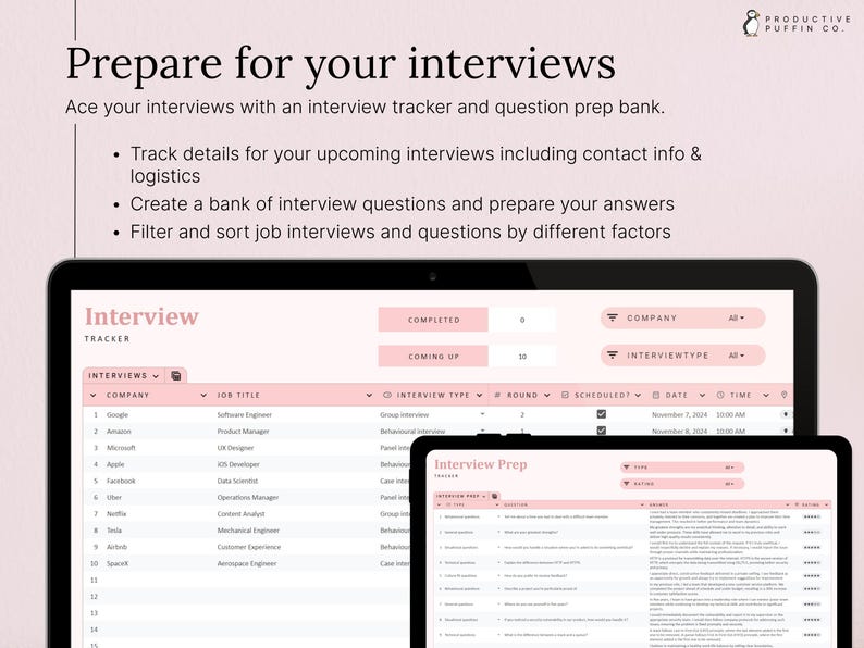 INTERVIEW PREP: Prepare thoroughly with sections for notes, practice questions, and strategies.
