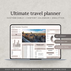 May include: A digital travel planner displayed on a laptop screen. The planner includes sections for vacation planning, budget tracking, and a calendar. Text on the screen reads "Ultimate travel planner" and "2025 Summer Vacation". The planner is customizable and easy to use.