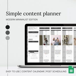 May include: A laptop computer screen displaying a monthly content planner template with a calendar, content ideas, and post scheduling sections. The template is designed in a modern minimalist style with black and white colours. The text "MONTHLY CONTENT PLAN" is visible at the top of the screen. The text "EASY TO USE | CONTENT CALENDAR | POST SCHEDULING" is visible at the bottom of the screen.
