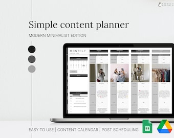 Puede incluir: Una pantalla de computadora portátil que muestra una plantilla de planificador de contenido mensual con un calendario, ideas de contenido y secciones de programación de publicaciones. La plantilla está diseñada en un estilo minimalista moderno con colores blanco y negro. El texto "PLAN DE CONTENIDO MENSUAL" es visible en la parte superior de la pantalla. El texto "FÁCIL DE USAR | CALENDARIO DE CONTENIDO | PROGRAMACIÓN DE PUBLICACIONES" es visible en la parte inferior de la pantalla.