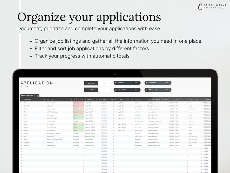 APPLICATIONS TRACKER: Monitor all your job applications, track their statuses, and deadlines.