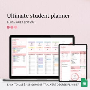 Peut inclure: Un planificateur numérique pour étudiants avec un thème rose pâle. Le planificateur comprend des sections pour les études, le suivi des habitudes et un calendrier. Le texte à l'écran indique "Ultimate student planner Blush Hues Edition" et "EASY TO USE | ASSIGNMENT TRACKER | DEGREE PLANNER".