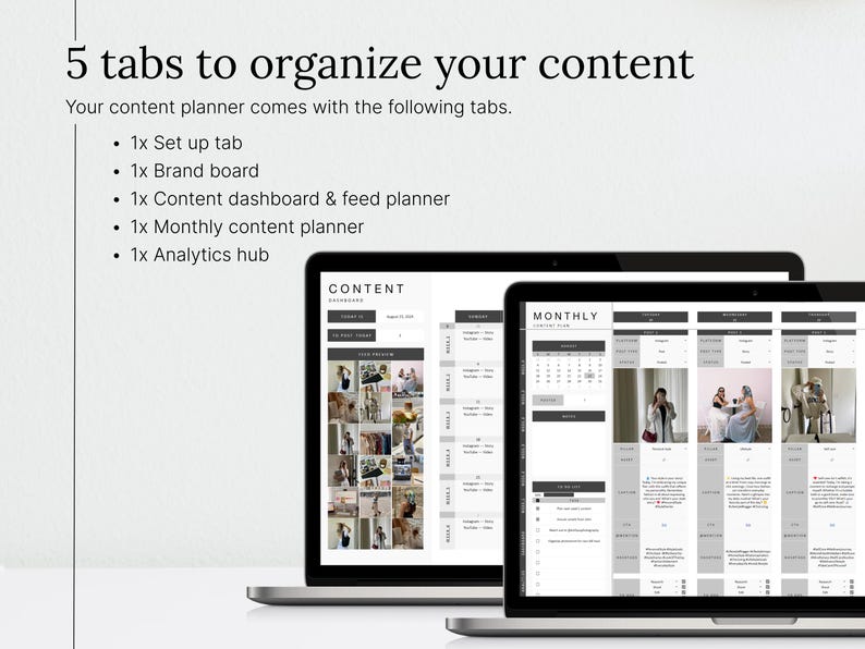 💻 WHAT’S INCLUDED? 💻
1x Set up tab
1x Brand board
1x Content dashboard & feed planner
1x Monthly content planner
1x Analytics hub