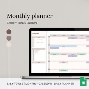 May include: A digital monthly planner template with a minimalist design in earthy tones. The template is labelled "August" and features a calendar grid with daily sections for scheduling appointments and tasks. The template is designed for easy use and includes a monthly calendar and daily planner.
