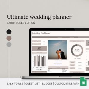 Weddingplanner-spreadsheet Google Spreadsheets-sjabloon | Aardetinten bruiloft budget gastenlijst digitale checklist bruiloft reisplan tracker beige