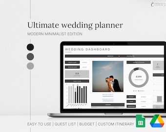 May include: A laptop screen displaying a wedding planner dashboard with a black and white colour scheme. The dashboard includes a countdown timer, a budget tracker, and a photo of a couple. The text "WEDDING DASHBOARD" is at the top of the screen. The text "EASY TO USE | GUEST LIST | BUDGET | CUSTOM ITINERARY" is at the bottom of the screen.
