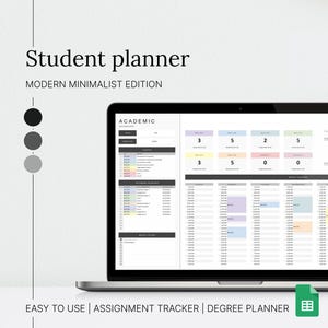 May include: A laptop computer displaying a student planner with a modern minimalist design. The planner includes sections for academic deadlines, assignments, and a degree plan. The text "EASY TO USE | ASSIGNMENT TRACKER | DEGREE PLANNER" is displayed at the bottom of the screen.