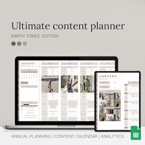 Può includere: Un planner di contenuti digitale con sezioni di calendario, calendario dei contenuti e analisi. Il planner è aperto su un laptop e un tablet, mostrando il mese di gennaio. Il planner è progettato in toni terrosi.