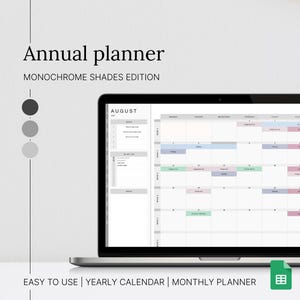 Spreadsheetsjabloon jaarkalender Google Spreadsheets | Gewoontetracker, maaltijdplan, weekplanner, dagelijkse agenda, doelen stellen | Grijs zwart-wit