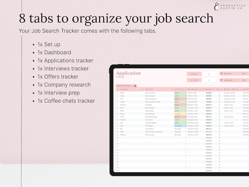 💻 WHAT’S INCLUDED? 💻
→ 1x Dashboard
→  1x Applications tracker
→  1x Interviews tracker
→  1x Offers tracker
→  1x Company research
→  1x Interview prep
→  1x Coffee chats tracker