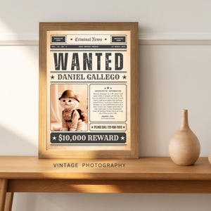 Editable and Printable Black and Beige Vintage Newspaper &quot;Wanted&quot; Poster Template– Criminal Themed,Customizable Design for Digital and Print