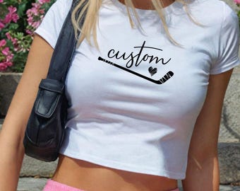 Custom Hockey 90's Baby Tee, Personalized Hockey Name Shirt for Women, Hockey Team Name Crop Top, Ice Hockey Fan Top, Hockey Mom Gifts, S446