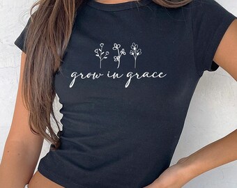 Grow with Grace 90's Baby Tee, Women's Jesus Love Tank Top, Floral Bible Verse Crop Top, Faith Tee, Religious Gifts for Jesus Lover, SC6486