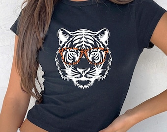 Vintage Tiger Face 90's Baby Tee, Aesthetic Animal Tank Top, Girl's Tiger Graphic Crop Top, Tigers Mascot Baby Tee, Animal Lover Gift,SL6097