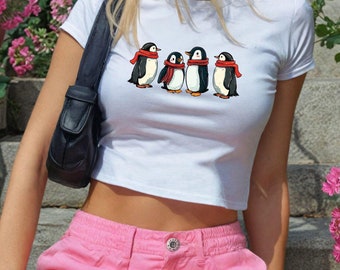 Red Scarf Penguins Baby Tee, Winter Animal Crop Top, Cropped Holiday Shirt, Cute Arctic Gift, SP7819