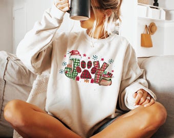 Christmas Joy Paw Print Sweatshirt, Plaid Dog Mom Shirt, Retro Pet Holiday Hoodie, Animal Lover Gift, S296