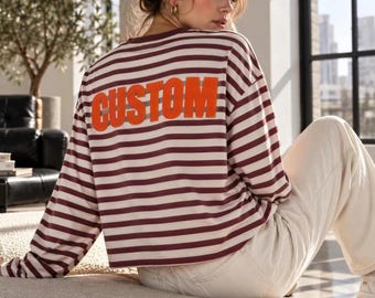 Custom Text Striped Boxy Tee, Personalized Back Print Crop Top, Y2K Long Sleeve Cropped Shirt, Gift for Her