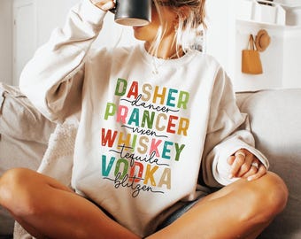 Drinking Christmas Sweatshirt, Funny Reindeer Whiskey Vodka Shirt, Unisex Pullover S304