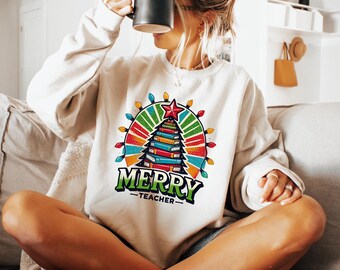 Merry Teacher Book Tree Sweatshirt, Christmas Librarian Shirt, Reading Holiday Hoodie, Gift from Students, S303