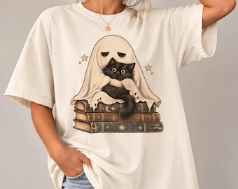 Comfort Colors Black Cat Ghost Shirt, Spooky Book Lover Tee, Halloween Cat Graphic