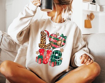 Leopard Love Christmas Sweatshirt, Plaid Letters Holiday Shirt, Trendy Xmas Hoodie, New Year Gift for Her, S294