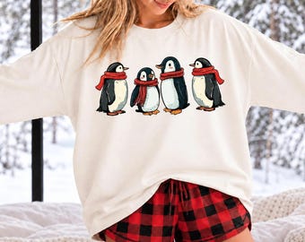 Comfort Colors Penguin Christmas Shirt, Cozy Winter Animal Long Sleeve, Red Scarf Holiday Tee, Bird Lover Gift For Her