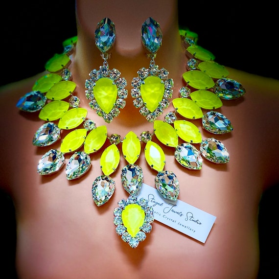 Faux Diamond Neon Yellow Necklace Set Imitation Crystal Dress Necklace Dramatic Statement Costume Jewelry Buy Separately or A Set Etsy