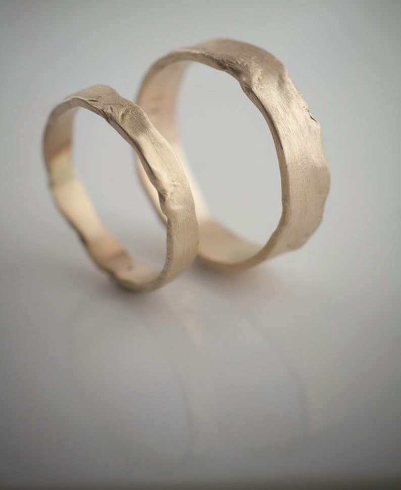 Melted Wedding Set Recycled Hand Forged 14k Yellow Gold Ring Bands Eco Friendly Metal image 2