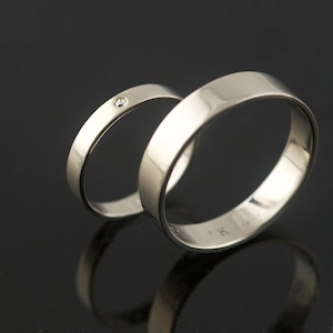 Recycled 14k Palladium White Gold Wedding Ring Set with Diamond Hand Made in Portland, OR